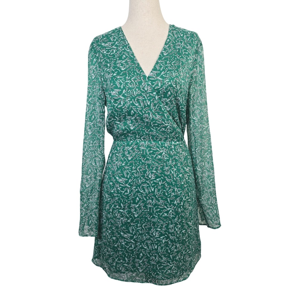 The East Order Gizele Mini Dress Green Leaf Print Wrap V-Neck Size M NEW